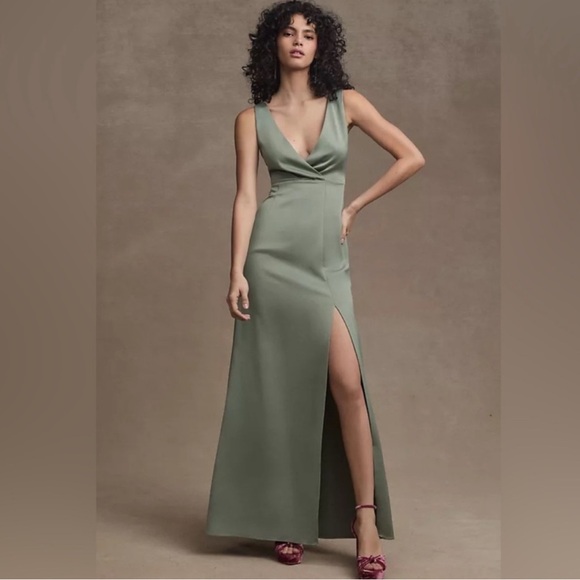 BHLDN NWT Anthropologie Piper V-Neck Side Slit Satin Gown Dress Size 0 Moss - Picture 9 of 10